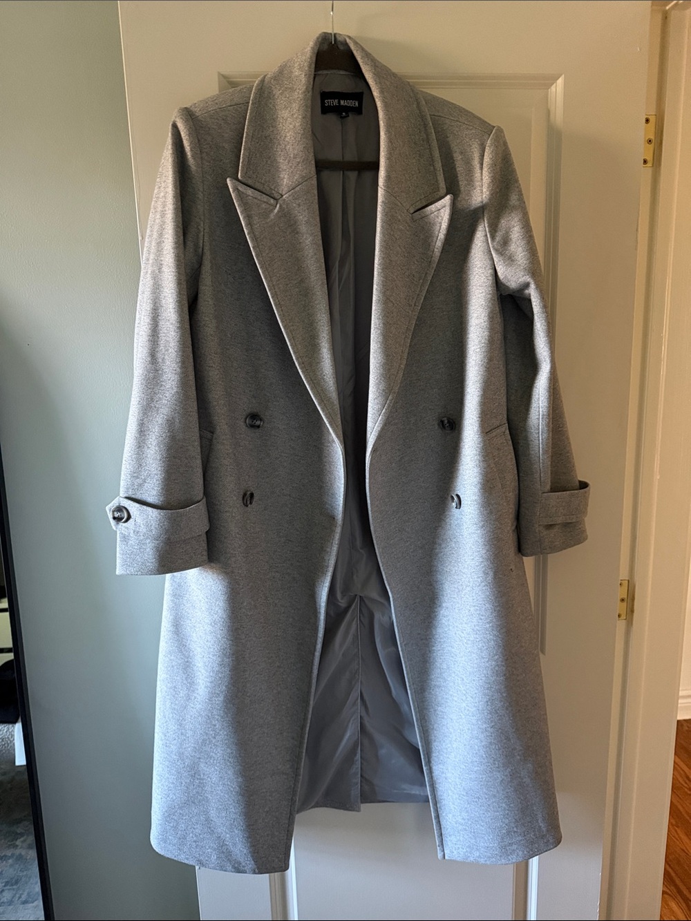 Steve Madden double breasted light grey coat.